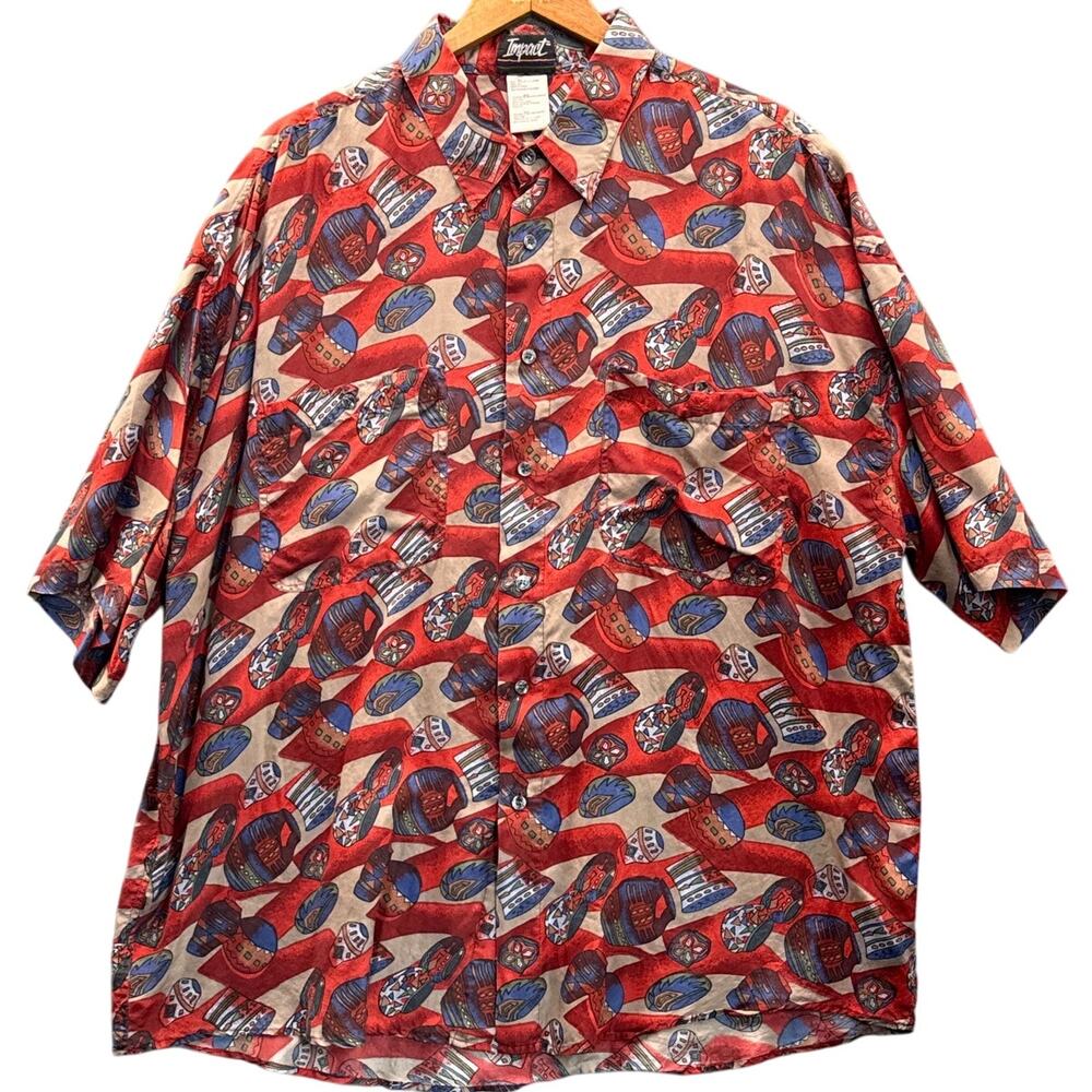 Impact Vintage Red Tribal Silk Short Sleeve Button Down Shirt Men XL